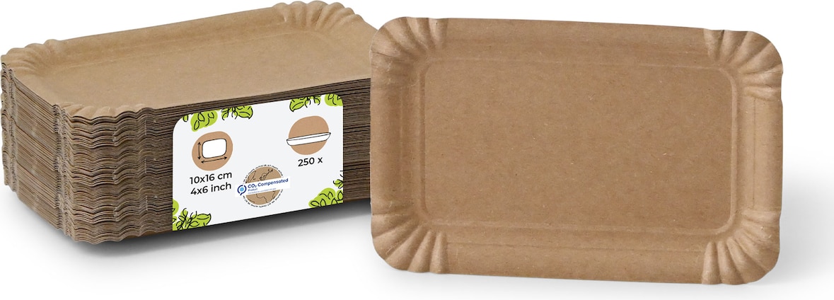 BIOZOYG 250 Stück Einwegteller 10 x 16 cm Pappteller, biologisch abbaubar, braun, rechteckig, recyclingfähig, robust Bioteller, Einweggeschirr