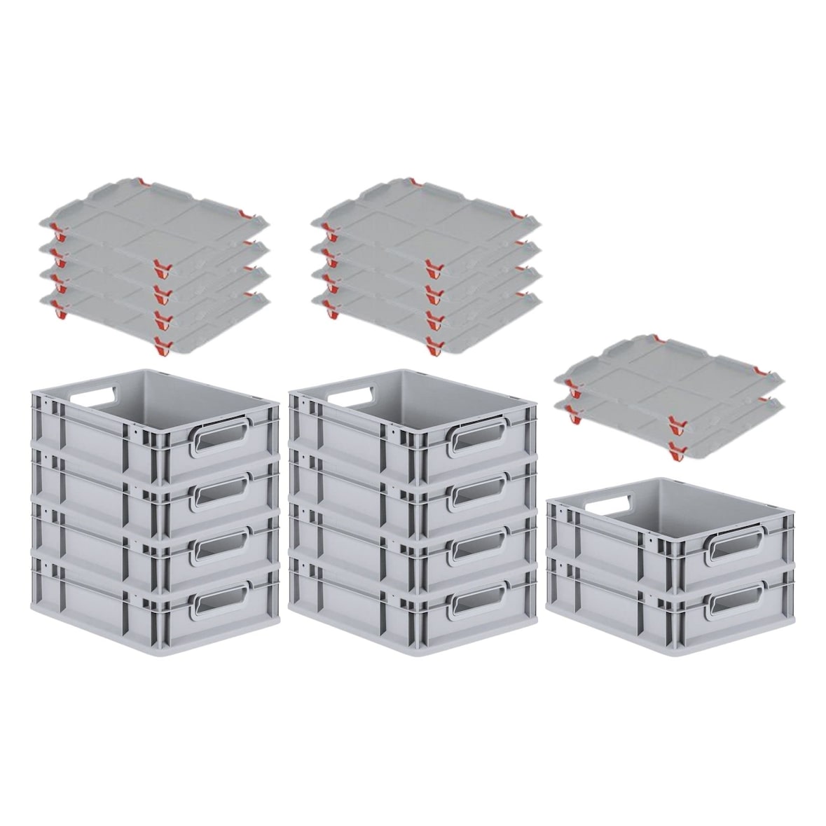 PROREGAL SparSet 10x Eurobox NextGen Economy mit Auflagedeckel & 4x Verschlüsse Rot, Griffe offen, HxBxT 12x30x40cm, 11L, Eurobehälter, Box