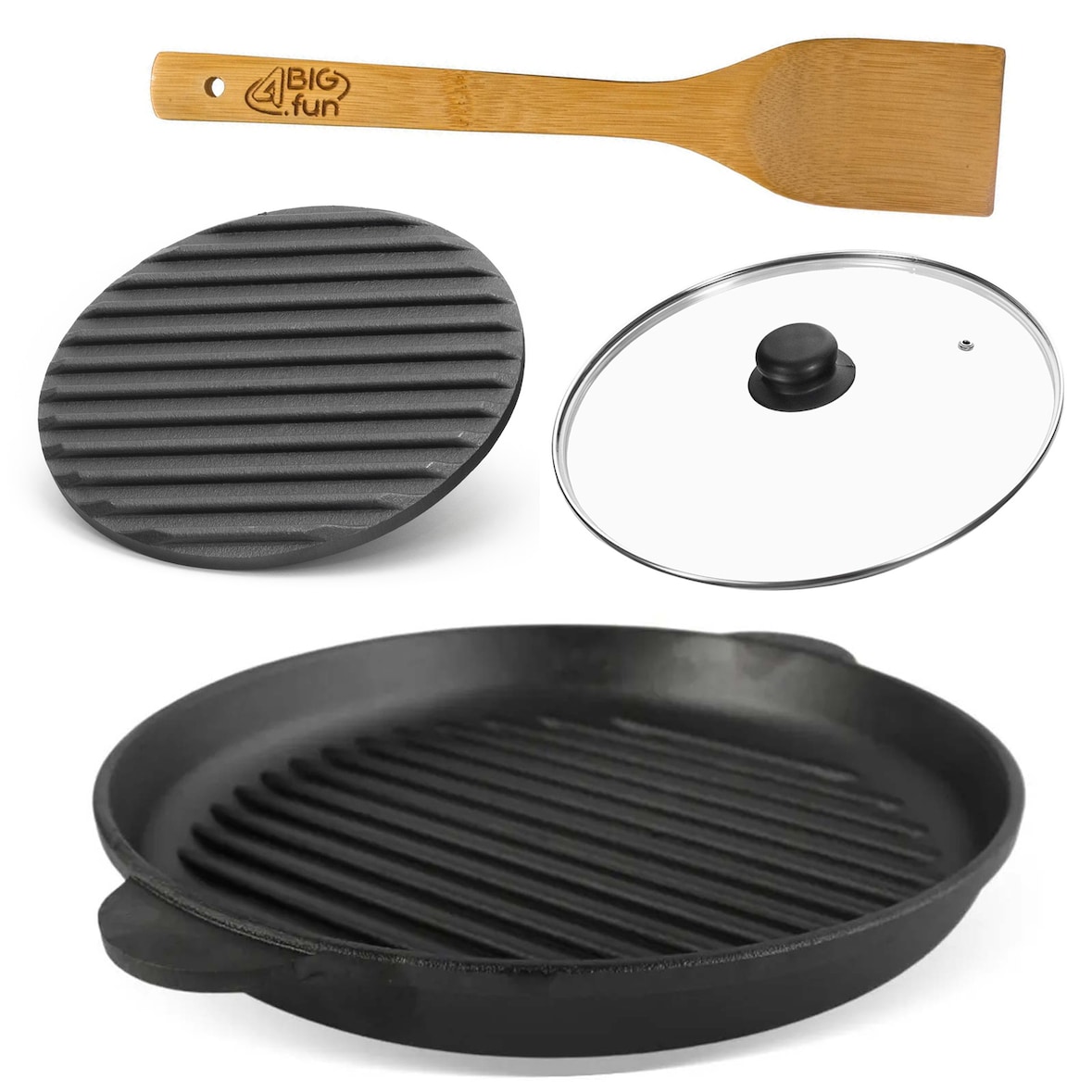 Ø30cm Grillpfanne aus Gusseisen Bräter mit Pressdeckel Glasdeckel Pfannenwender Schmortopf zwei Griffe Servierpfanne Grill