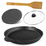 thumbnail of Ø30cm Grillpfanne aus Gusseisen Bräter mit Pressdeckel Glasdeckel Pfannenwender Schmortopf zwei Griffe Servierpfanne Grill