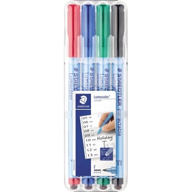 Staedtler Lumocolor Correctable, Feutres non-permanents à pointe fine effaçables à sec, Étui chevalet avec 4 feutres assortis, 305F WP4-1, Bariolé, F-