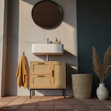 thumbnail of Waschbeckenunterschrank Eiche-Optik 60x60x40 cm mit Tür und Schubladen, Badezimmerschrank mit Rattangeflecht, Unterschrank Stehend, Badschrank