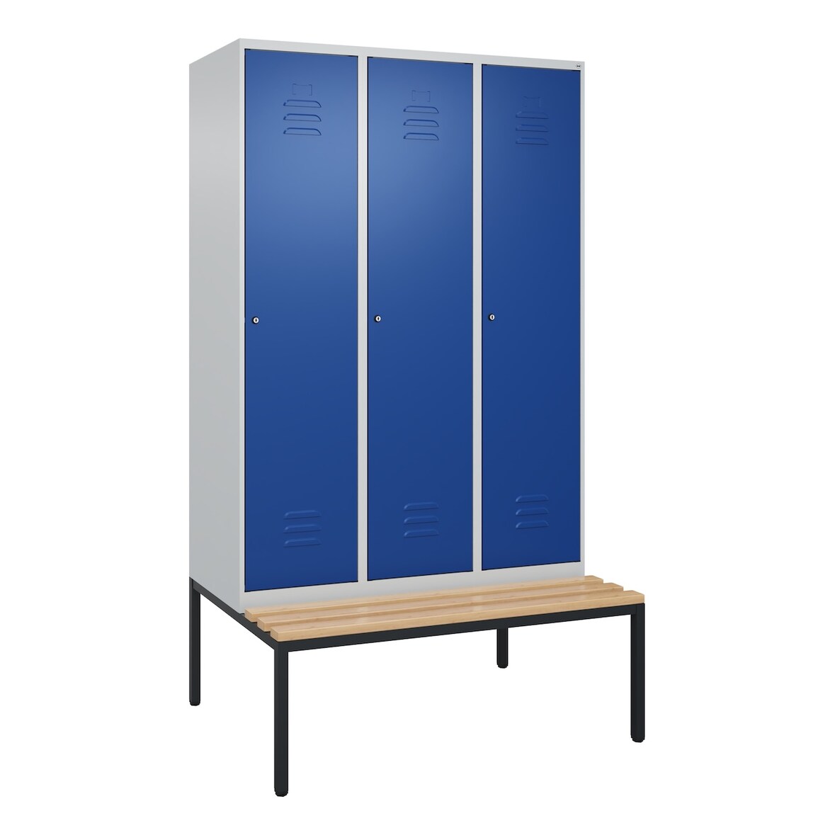 C+P Spind Classic PLUS, Buche untergebaute Sitzbank 3 Abteile, HxBxT 212x120x82cm, Zylinderschloss, Hellgrau/Enzianblau von PROREGAL