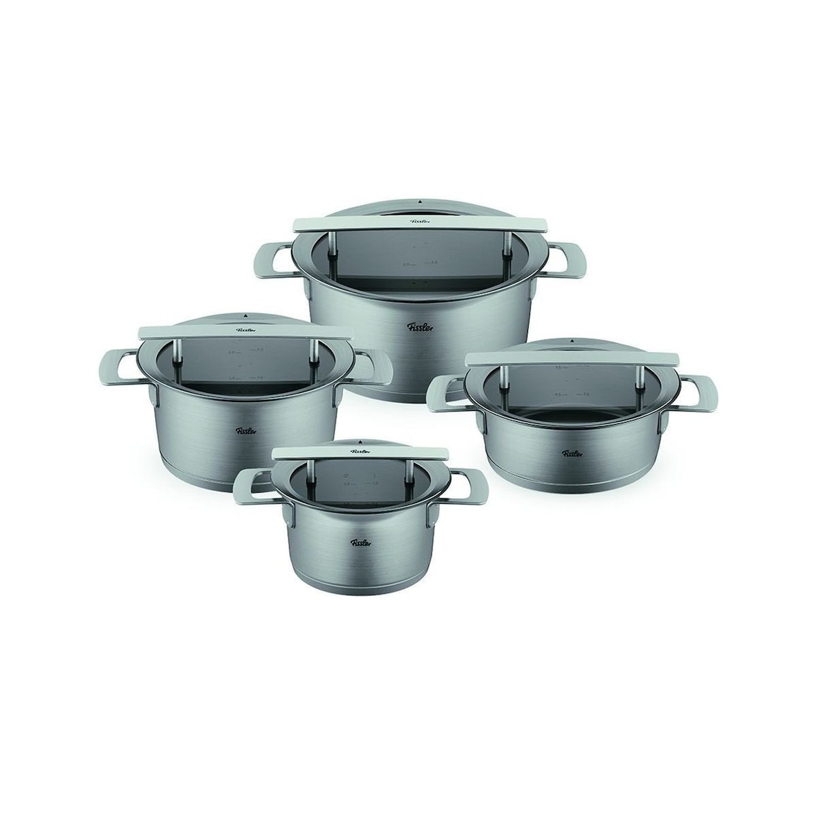 Fissler - Phi Collection - Set 4-teilig (Topf mit Glasdeckel 16 + 20 + 24 cm, Stielkasserolle mit Glasdeckel 20 cm)