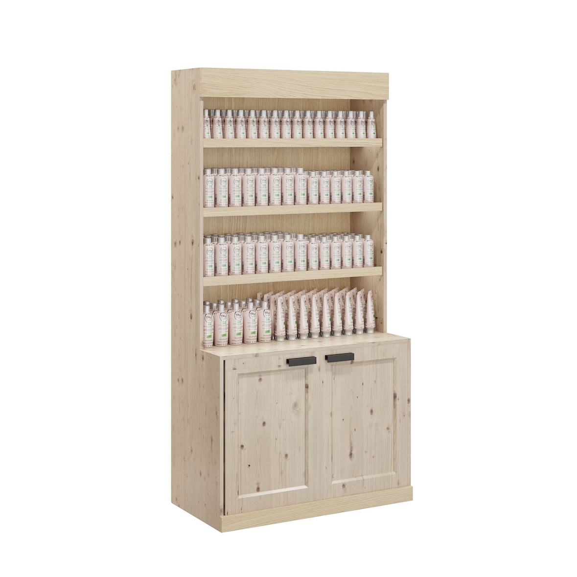 LES ARTISANS DU BOIS Présentoir étagères Nuance avec portes en pin massif teinté verni cotonnade L100 x P40 x H200 cm