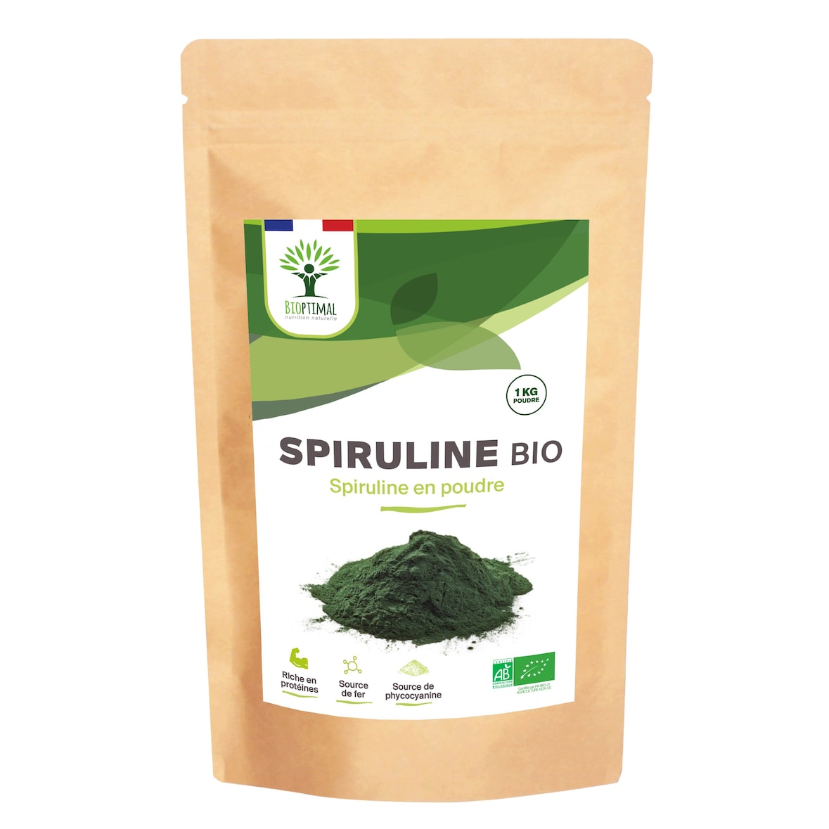 Spiruline Bio - Protéines Phycocyanine Fer - 100% Spiruline Pure en Poudre - Énergie - Conditionné en France - Certifié Ecocert - Vegan - 1kg