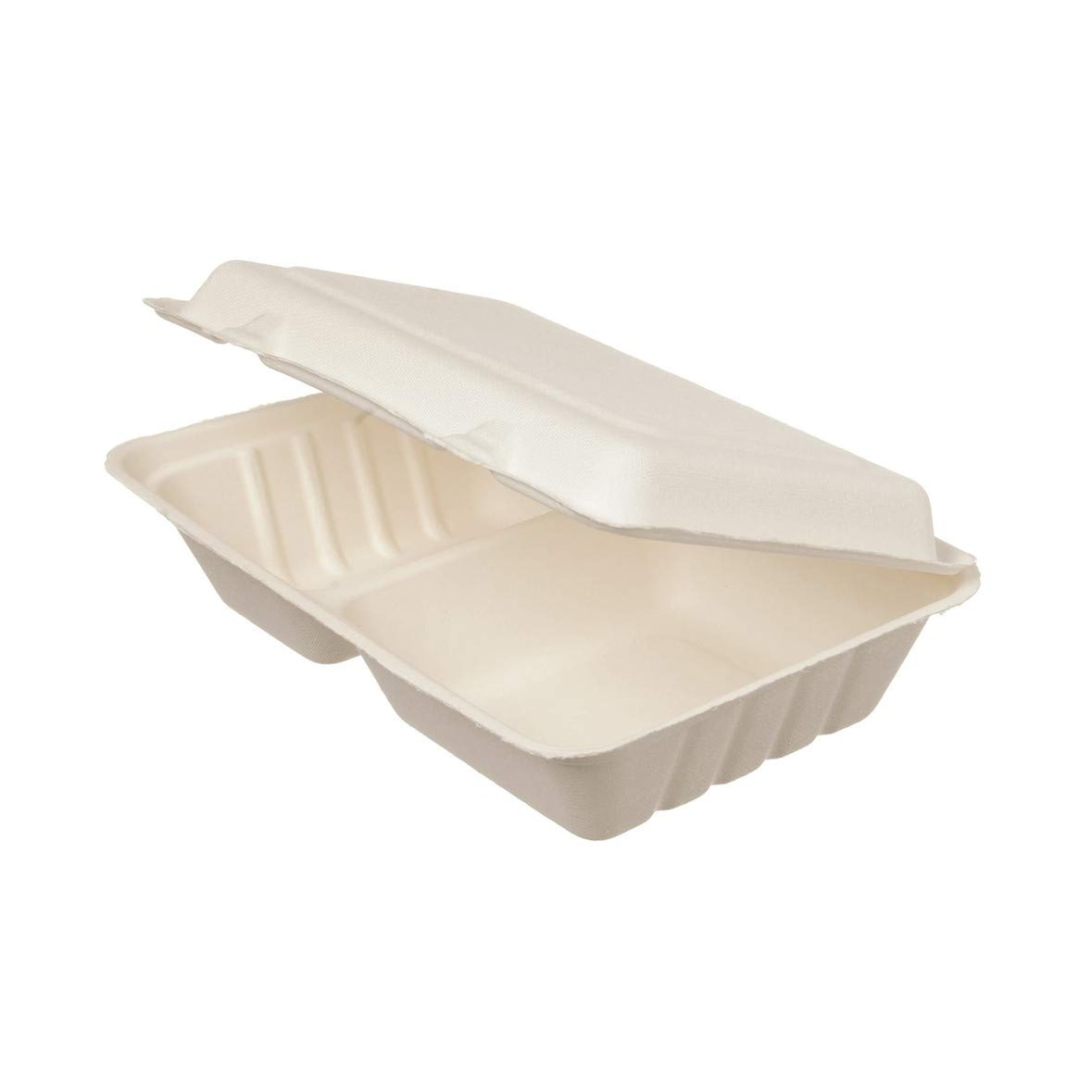 DeinPack Bio Einweg Bagasse Lunch-Box 2-geteilt  mit Klappdeckel 650 ml I 50 Menüschalen rechteckig 16x24 cm weiß