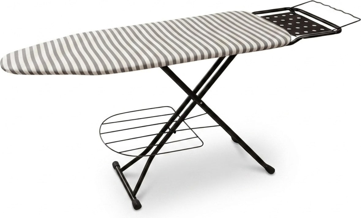 Relaxdays Bügelbrett für Dampfbügeleisen, 110x33 cm, höhenverstellbar, klappbar, Ablage, Bügeltisch gestreift, grau-weiß