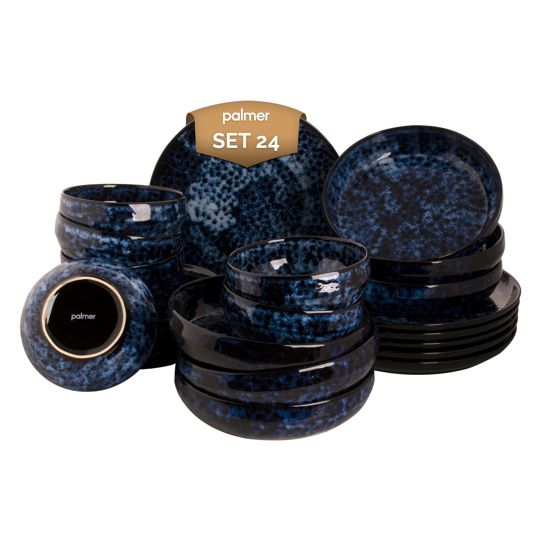 palmer Bama Blue Steinzeug Geschirr-Set für 6 Personen – dunkelblau schwarz marmoriert, Hochglanz, Kombiservice