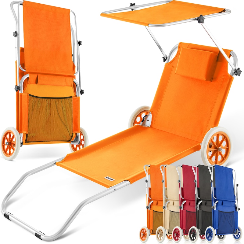 CASARIA® Alu Strandliege Klappbar Sonnenliege mit Dach Rollen Kissen Gartenliege Orange