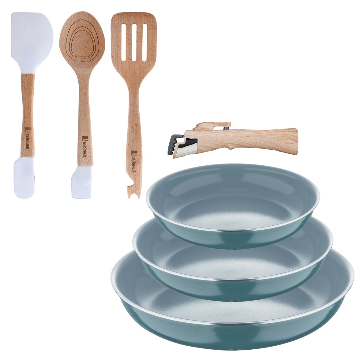 BERGNER - Set aus 3 Pfannen Ø18/20/24cm recyceltes gepresstes Aluminium Grün mit abnehmbarem Griff mit Set aus 3 Küchenutensilien aus Silikon und Holz