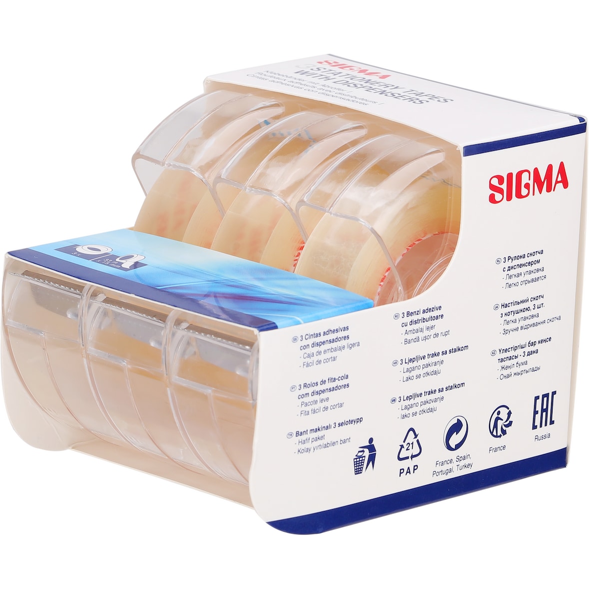 SIGMA Klebefilmabroller, Kunststoff, transparent, für 15 mm x 33 m Rollen, 3 Stück