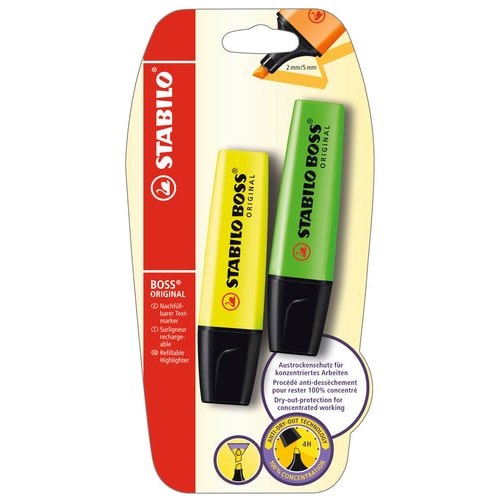 Textmarker - STABILO BOSS ORIGINAL - 2er Pack - gelb, grün