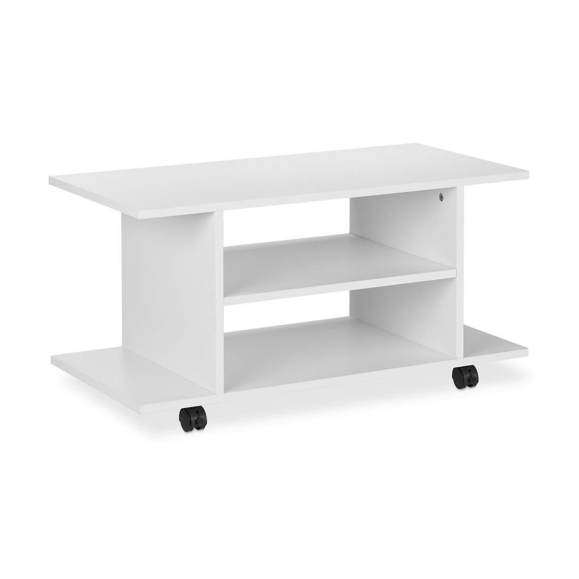 Relaxdays TV Board mit Rollen, 4 offene Ablagen, fahrbarer Couchtisch, für Geräte, CDs, DVDs, HBT 40 x 80 x 40 cm, weiß