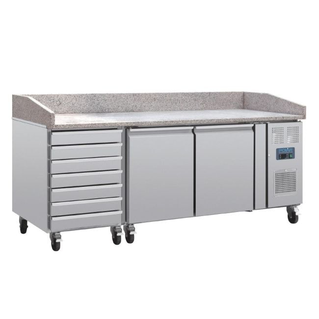 Polar U-serie 2-deurs pizzakoelkast met marmeren blad en 7 lades 428L