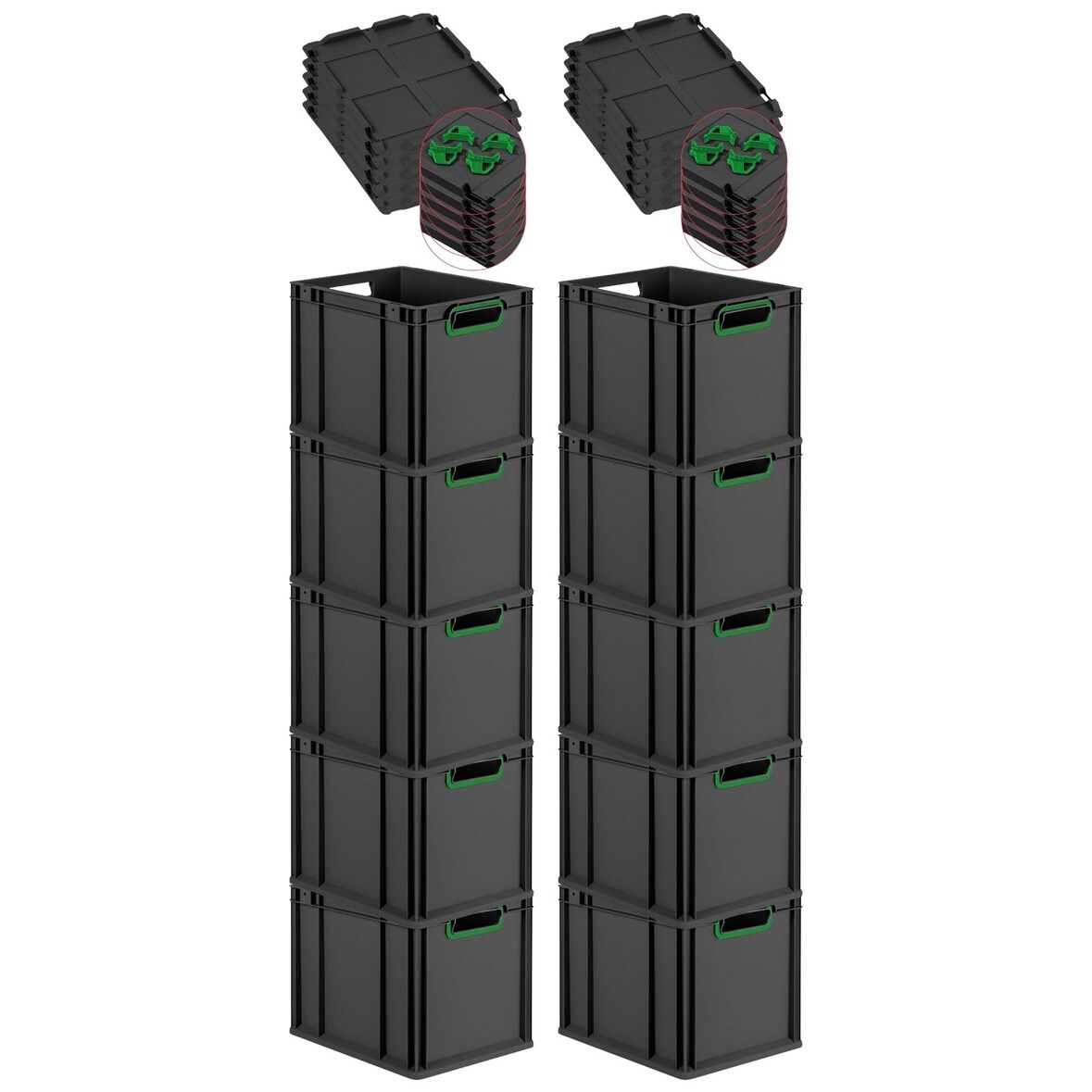 PROREGAL SparSet 10x Eurobox NextGen Color mit Auflagedeckel & Verschlüsse, HxBxT 32x30x40cm, 30L, Schwarz, Griffe grün offen, Eurobehälter