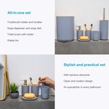 thumbnail of Badezimmer Zubehör Set aus Bambus Kunststoff in Grau - 6 teiliges Set Zahnputzbecher Seifenschale Seifenspender Toilettenbürste Halterung Mülleimer