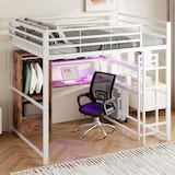 thumbnail of Hochbett 140x200 Metallrahmen mit LED-Beleuchtung, Schreibtisch, 1 Schublade, Regale, Geländer, Stauraum, Multifunktional, Weiß