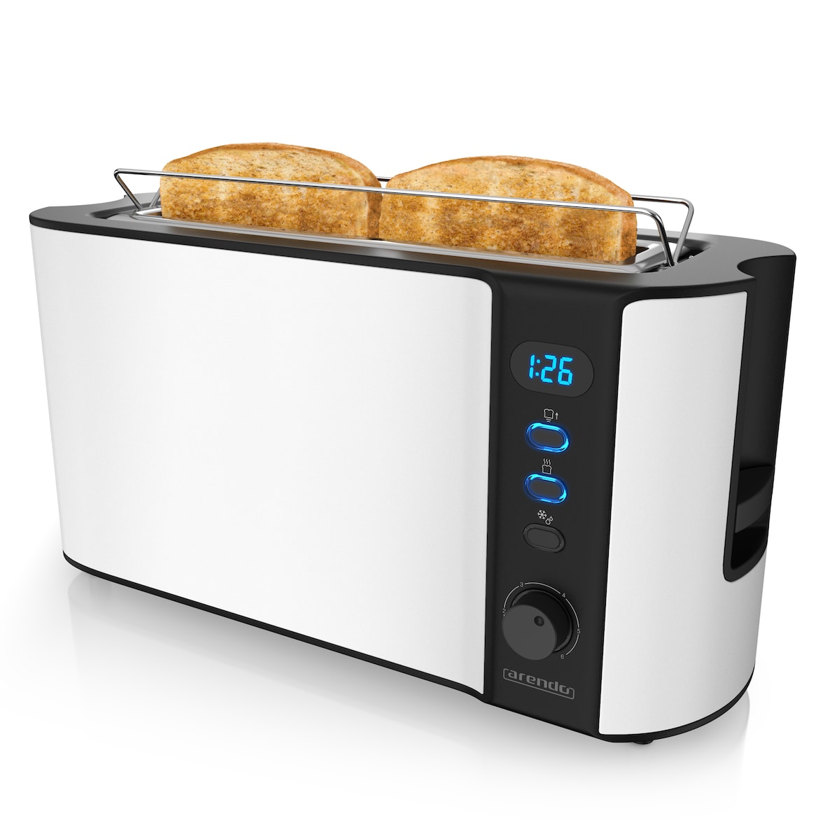 Arendo Langschlitz Toaster für 2 Scheiben, integrierter Brötchenaufsatz, 1000 W, Restzeitanzeige, Weiß