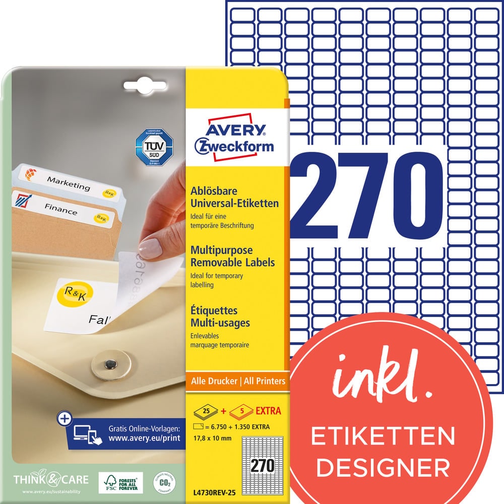 Avery Zweckform L4730REV-25 Universal-Etiketten, ablösbar, A4, 17,8 x 10 mm, 30 Bogen/8.100 Etiketten, weiß