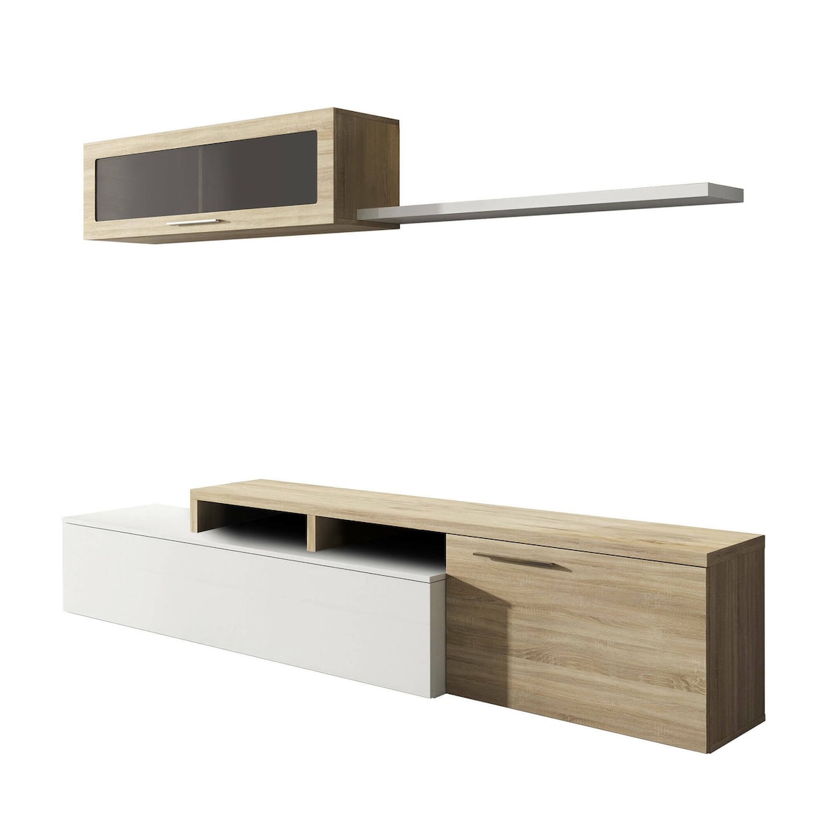 Dmora Schrankwand Chino, TV-Ständer für Wohnzimmer, Reversible Wohnzimmerkomposition, Ecklounge-Set, 200x41h44 cm, Eiche und glänzend Weiß