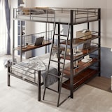 thumbnail of Hoch-Tief-Etagenbett Metallbett Loftbett mit Regalen & Ablagen, flexibles 2-in-1 Design, stabiler Lattenrost, Schwarz 140x200 cm