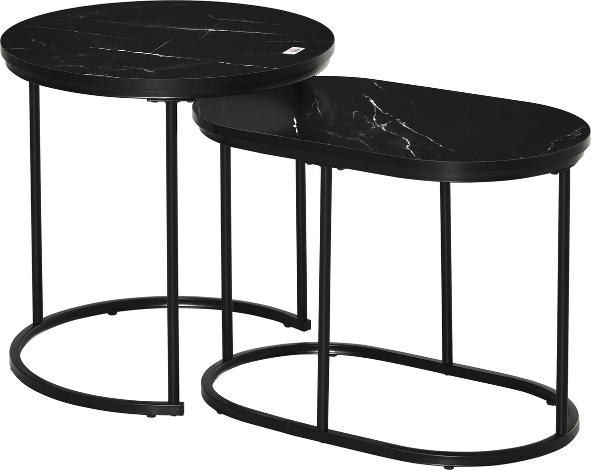2er-Set Couchtische aus Stahl und MDF in Schwarz, stapelbar, Marmoroptik, Ø50 x 50,5 cm und 60 x 36 x 43,5 cm