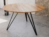 thumbnail of Runder Esszimmertisch Akazie natur Schweizer Kante 130 cm Metallfuß INSA