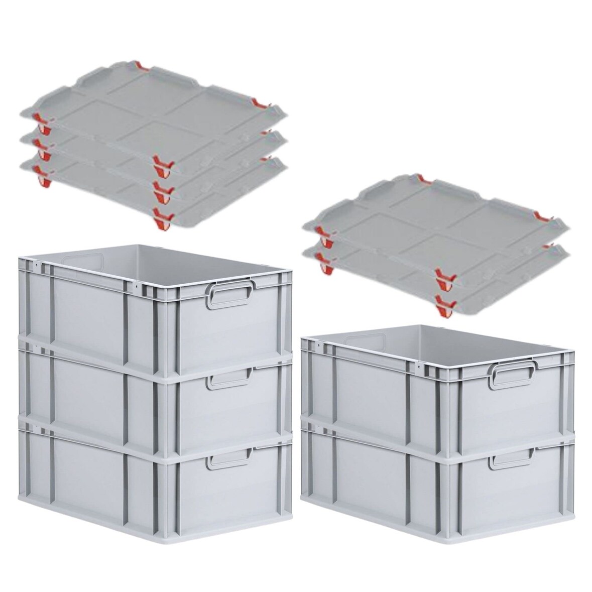 PROREGAL SparSet 5x Eurobox NextGen Grip mit Auflagedeckel & 4 roten Verschlüssen, HxBxT 22x40x60cm, 44L, Grau, Griffe zu, Eurobehälter