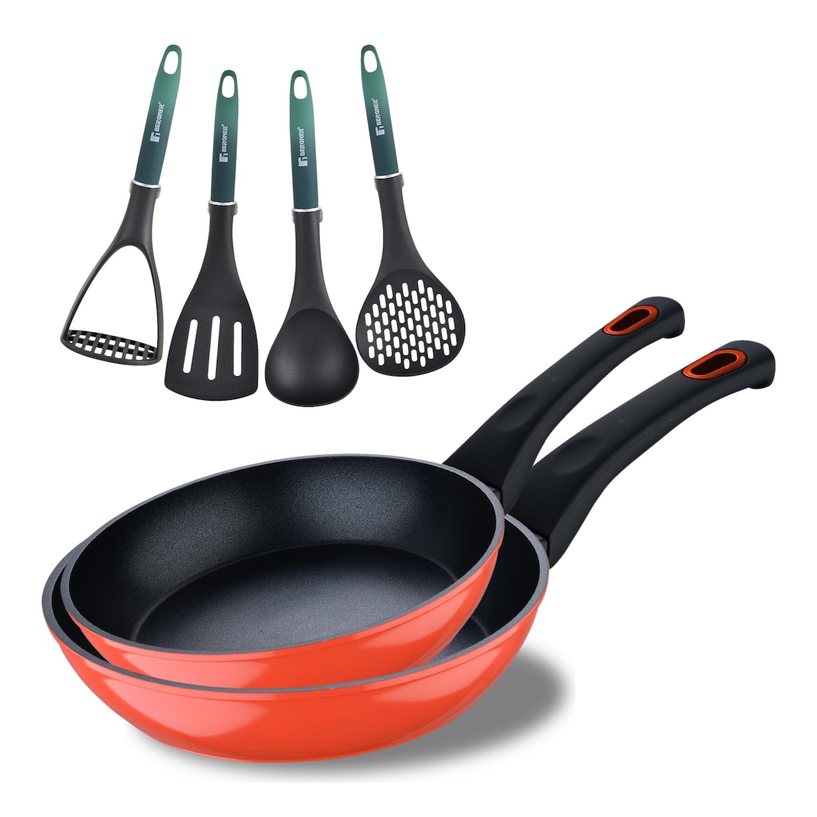 BERGNER - Set mit 2 Bratpfannen Ø20-Ø26 cm Classique aus geschmiedetem Aluminium mit Antihaftbeschichtung und grünen Küchenutensilien