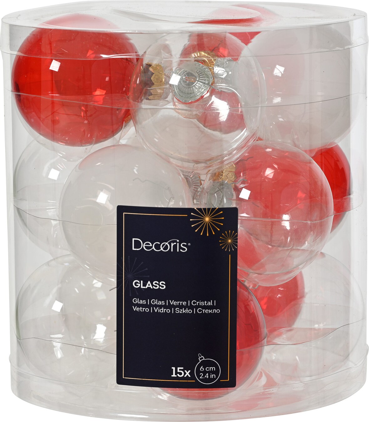 15 Weihnachtskugeln Glas 6cm Christbaumkugeln Weihnachtsbaumkugeln Christbaumschmuck Weihnachtsbaumschmuck Rot Weiß Klar transparent Mix