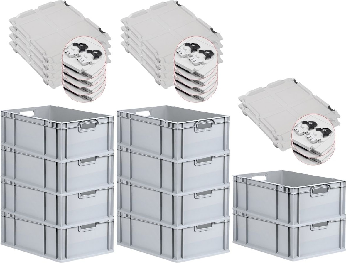 PROREGAL 10x Eurobox NextGen Grip mit Scharnierdeckel & schwarzen Verschlüssen | HxBxT 22x40x60cm | 44 Liter | Griffe offen | Verstärkter Boden