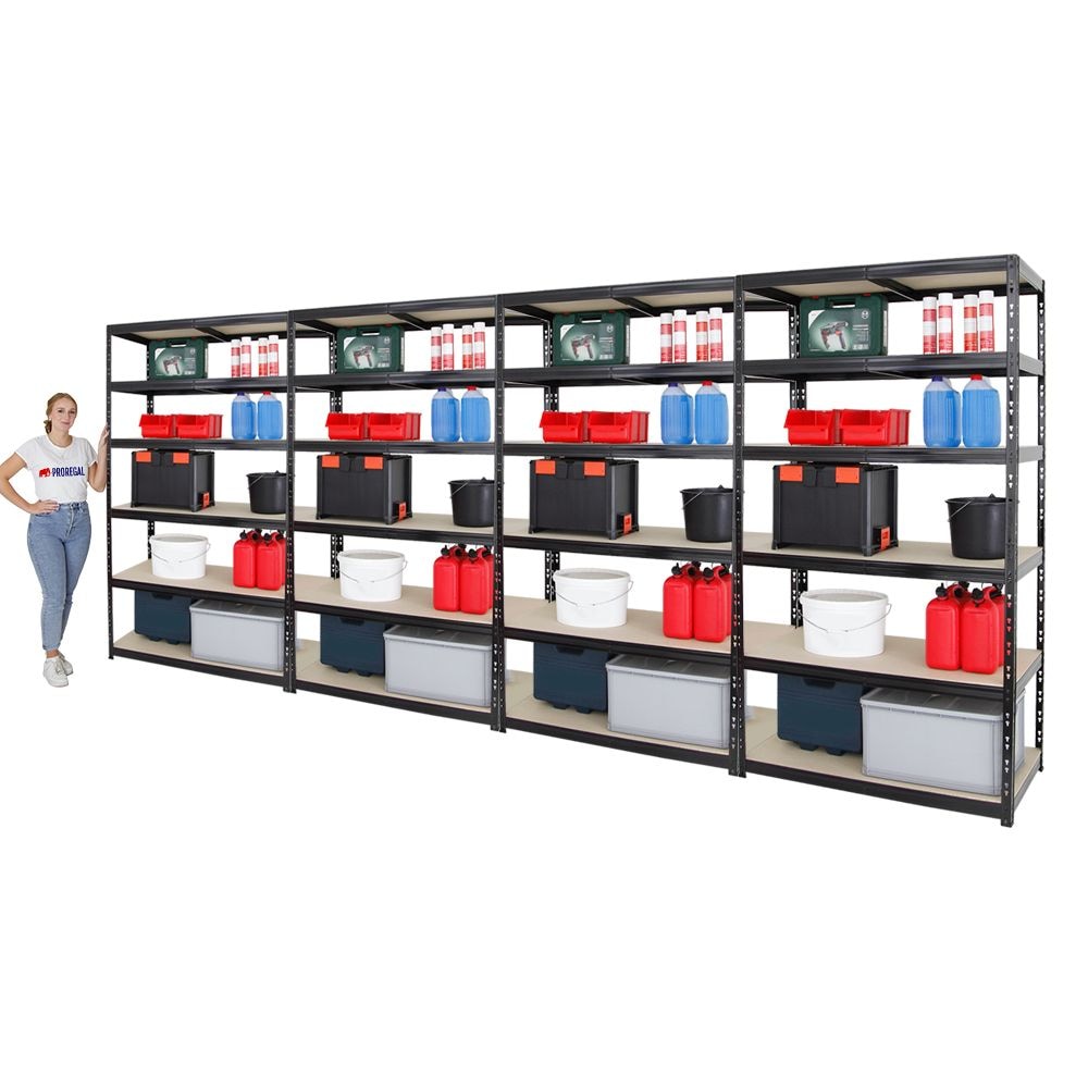 PROREGAL Mega Deal 4x Étagère charge lourde GIANT TIGER XL | HxLxP 220x120x60cm | 265kg par niveau | Noir | Étagère robuste de garage