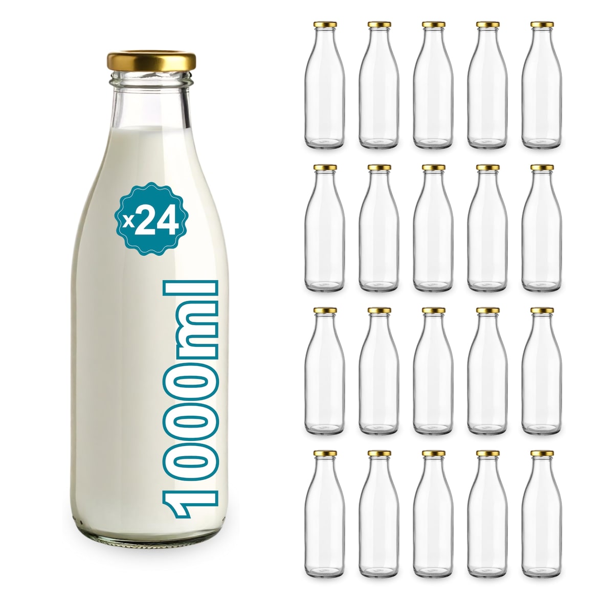 24 Botellas de Vidrio Vacías de 1000 ml con Tapa - Botellas de vidrio para jugo, leche, barbacoa, salsas