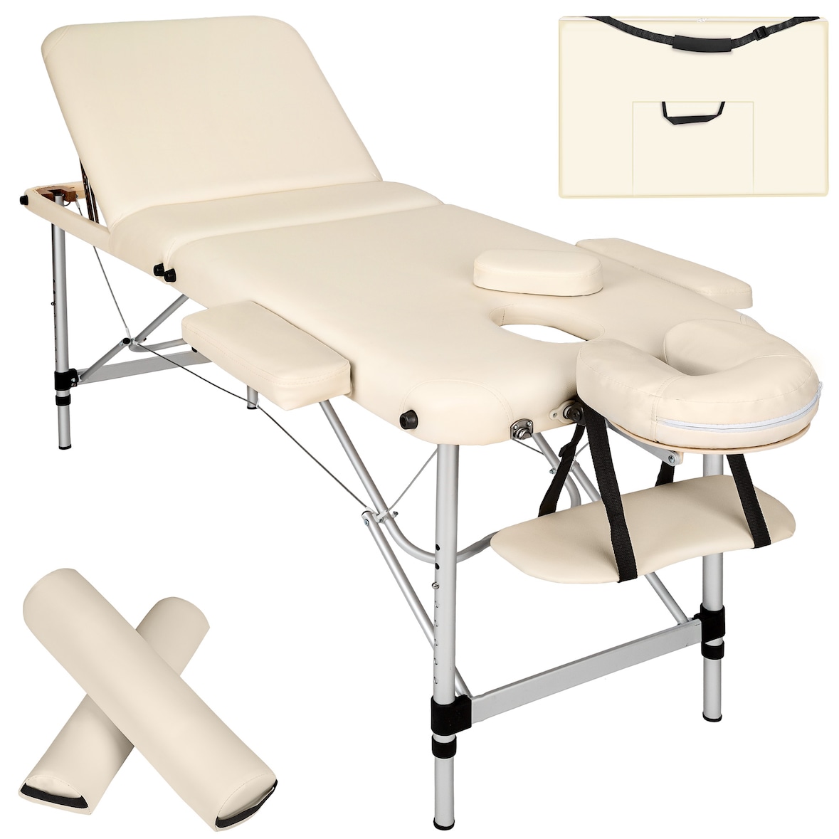 3 Zonen Massageliege-Set mit 5cm Polsterung, Rollen und Aluminiumgestellbeige