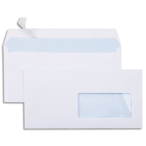 Boîte de 500 enveloppes Everyday blanches 110x220/DL, 80 g/m², avec fenêtre 45x100 à 20/20, adhésives avec bande