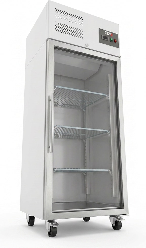 Romux® Kühlschrank mit 1 Türen Glastüren 74 cm mit Umluftkühlung | Gastro Kühlschrank aus Edelstahl mit 650 L Kapazität - 3 Einlegeböden und 270 W