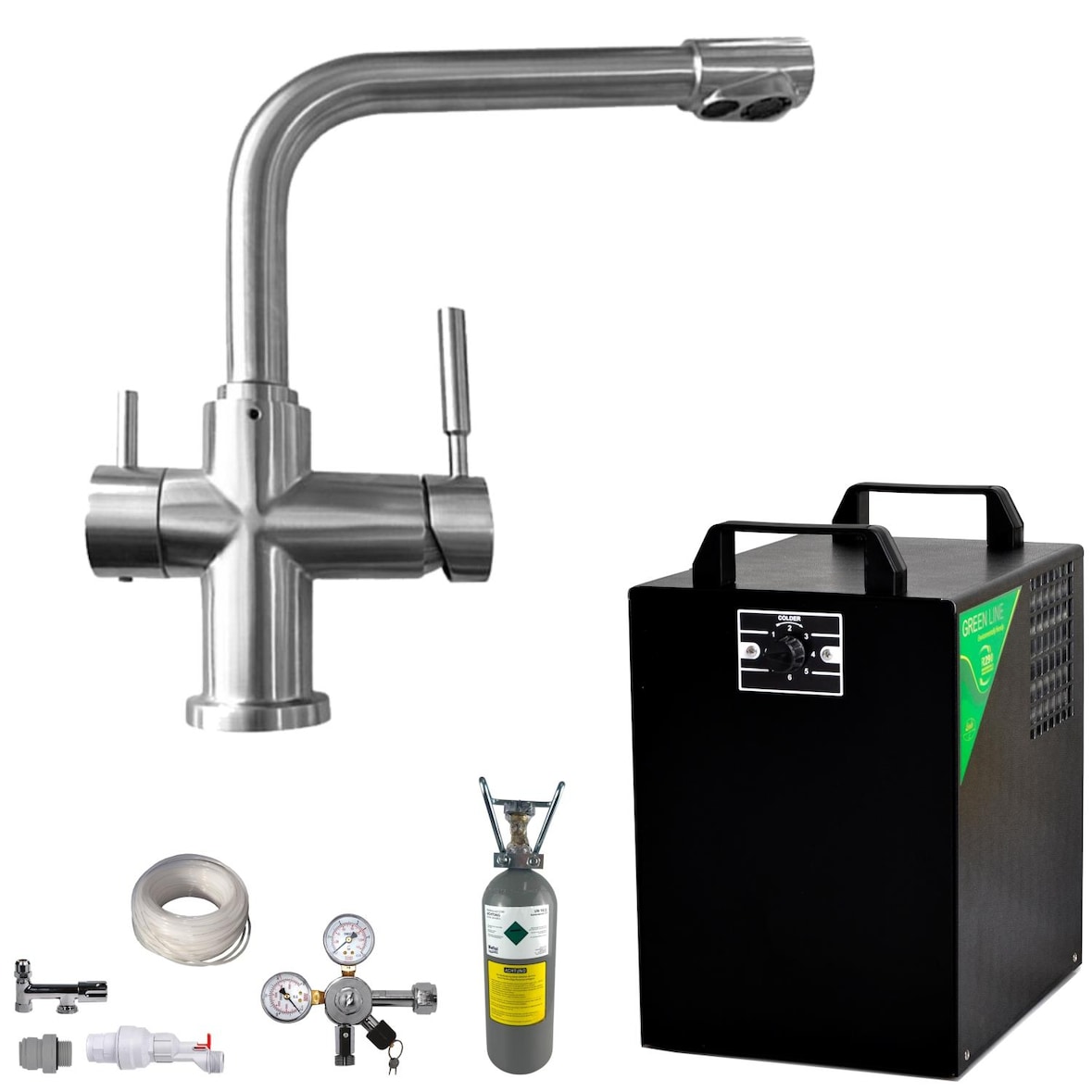 BieTal® Tafelwassergerät BT-25U Sprudelwasser L-Hahn Voll Edelstahl KOMPLETTSET