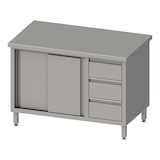thumbnail of Stalgast Edelstahl Arbeitsschrank mit Schiebetüren, 1200x700x850 mm, mit 3er Schubladenblock rechts, ohne Aufkantung, verschweißt
