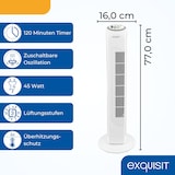 thumbnail of Exquisit Turmventilator, Stand-Ventilator, 45 Watt, 3 Geschwindigkeiten, 120 Min Timer, 90° Oszillation, 77 cm Höhe, VS 34570 we