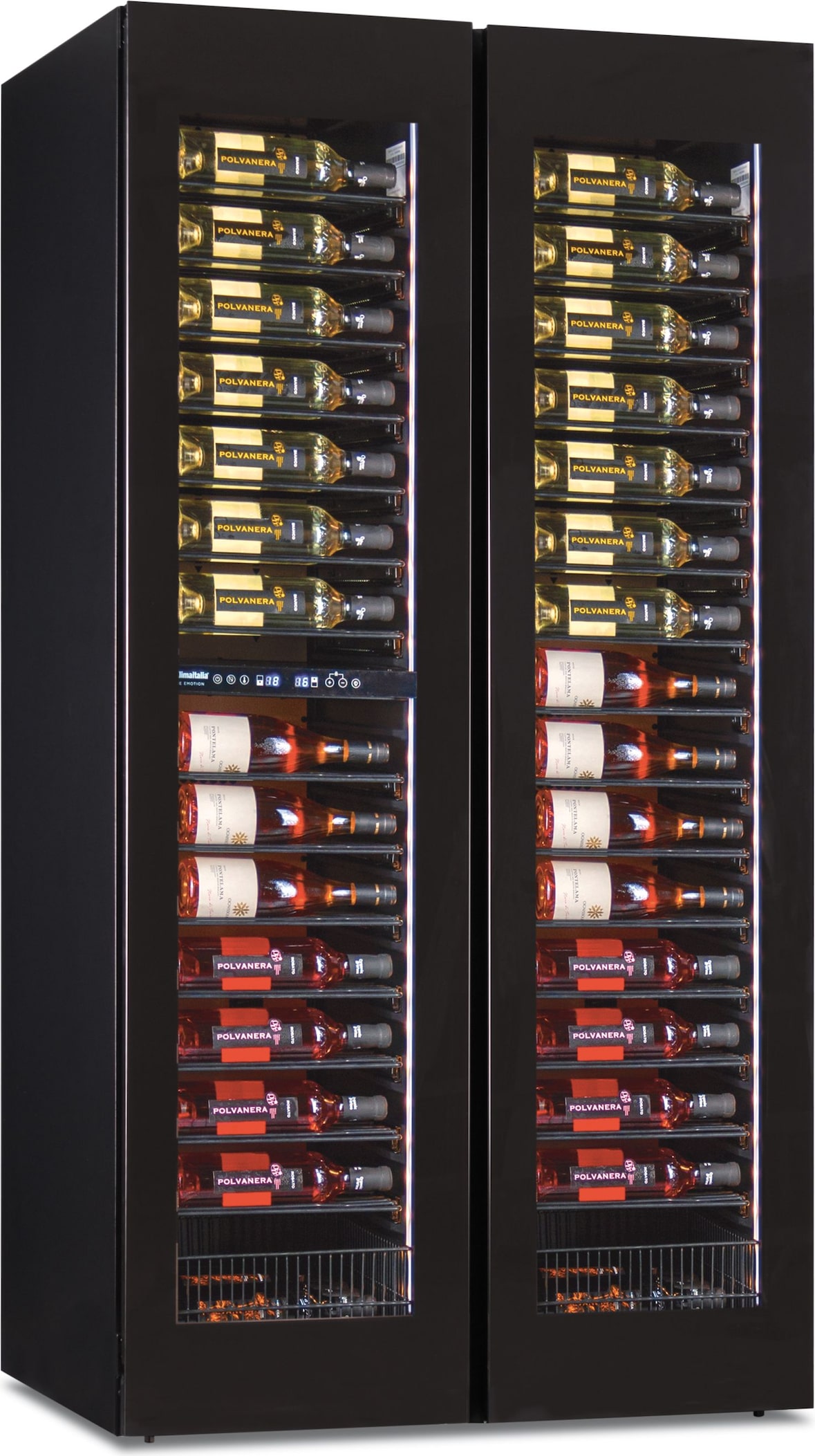 KLIMAITALIA 2-Tür-Weinkühlschrank 3 T°zonen. 217 Flaschen. Glastüren. LED. Edelst.regale. Thermo digital. Mod. SW224-3TB