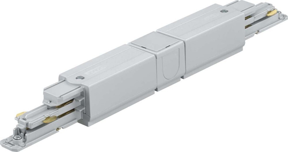 Ein grauer Verbinder für eine Stromschiene.
