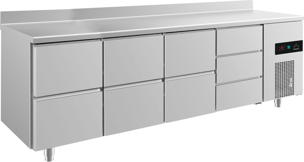 Gastro Kühltisch je 2 Schubladen links&mittig 3 Schubladen rechts Aufkantung, Umluftkühlung 2330x700x850mm -2/+8°C