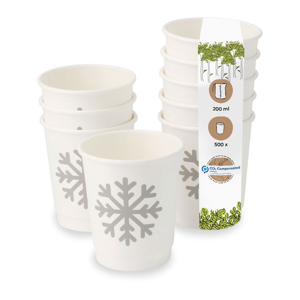 BIOZOYG 500 Stück Trinkbecher Einwegbecher, Pappbecher, 200ml / 8oz, Winterdesign mit Schneeflocken, doppelwandig für heiße Getränke, kompostierbar