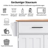 thumbnail of Kücheninsel Servierwagen 129x71x92 cm mit Klappplatte, 2 Schubladen und Schrankfächern, auf 5 Rollen, Weiß+Natur, MDF