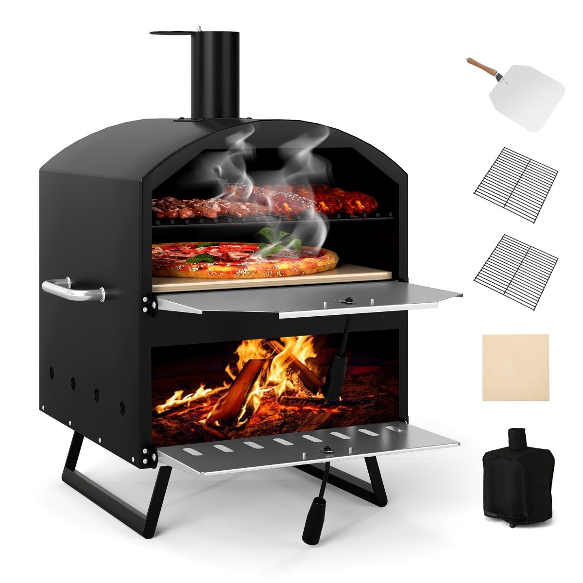 Helloshop26 - Großer Pizzaofen für den Außenbereich 61 x 53 x 83 cm doppelwandig schnelles Backen schwarzes Metall 20_0012131