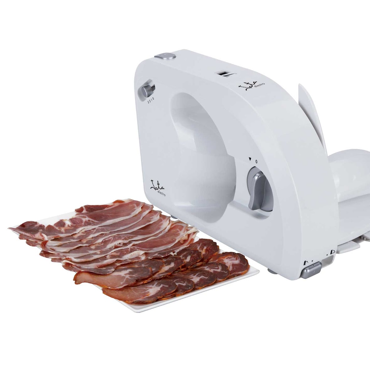 Cortafiambres ultra compacto Jata CF291 con disco de acero inoxidable de 170 mm desmontable. 3 velocidades. Base plegable. Gran resistencia