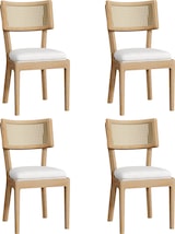 thumbnail of Esszimmerstühle 4er Set Massivholz mit Rattan Rückenlehne Leinen Sitzkissen Holzfarbe 88x58x50 cm modern stabil bis 120 kg