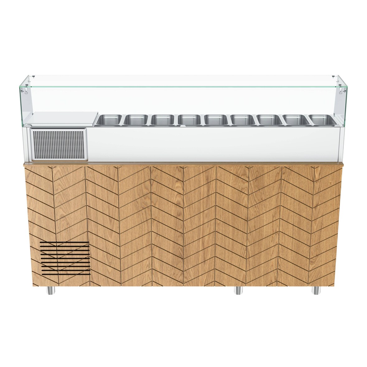 Gastronics Pizzakühltisch Premium – Kühltheke mit grauem Granit, Fischgrätenverkleidung, LED 207 x 80 x 145 cm 3 Türig