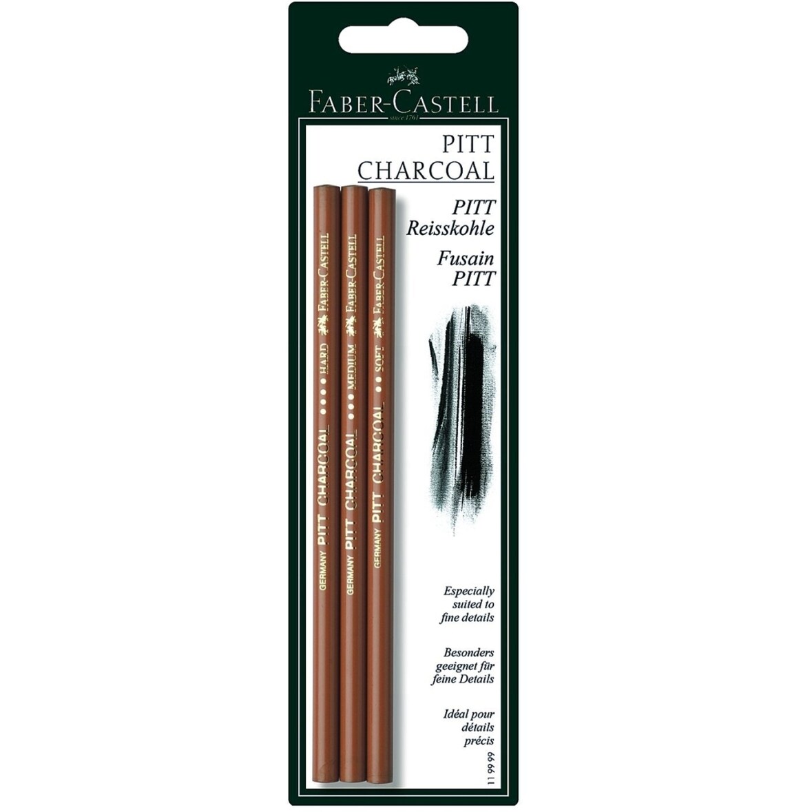 Reißkohle Pitt monochrom fettfrei soft medium und hart auf Blisterkarte